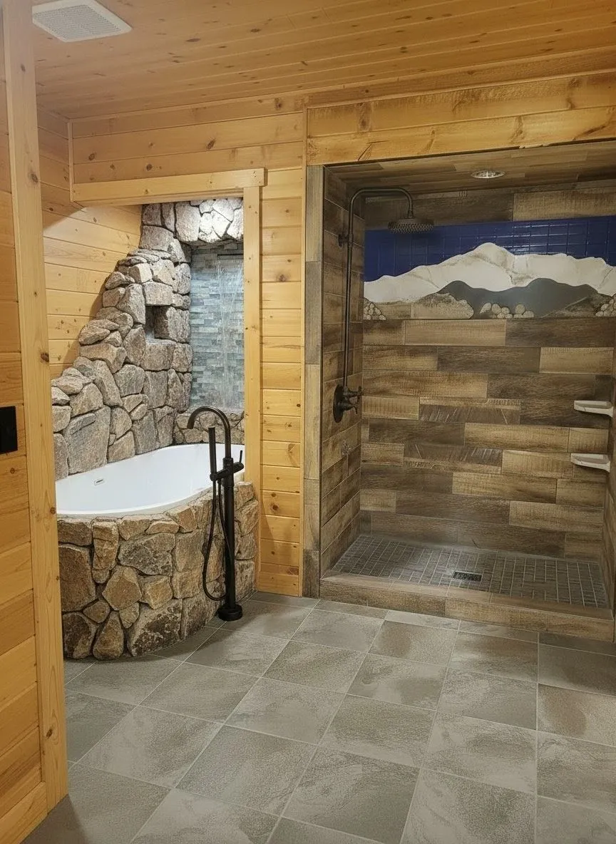 wood-panelled bathroom remodel with custom shower tile and mountain-inspired accent