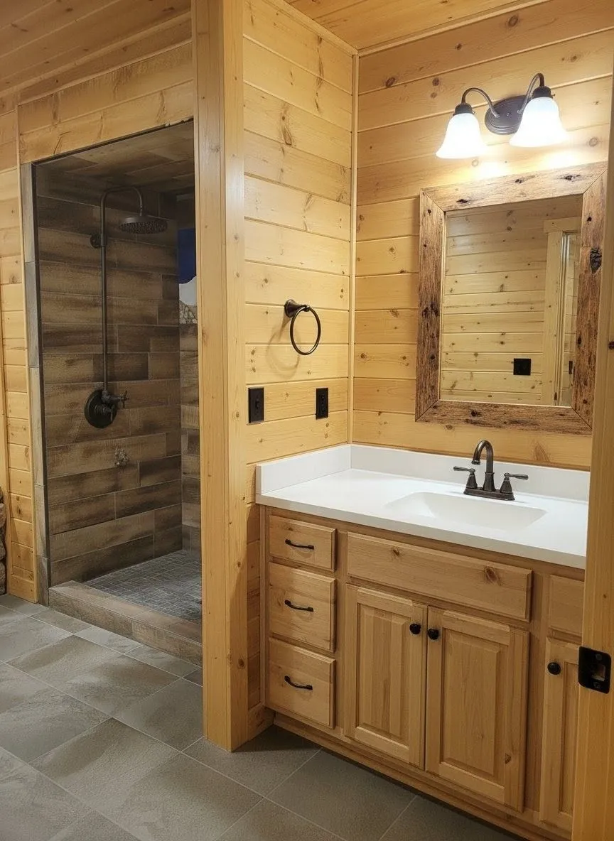 wood-panelled bathroom remodel with tiled walk-in shower, vanity, and warm cabin detailing
