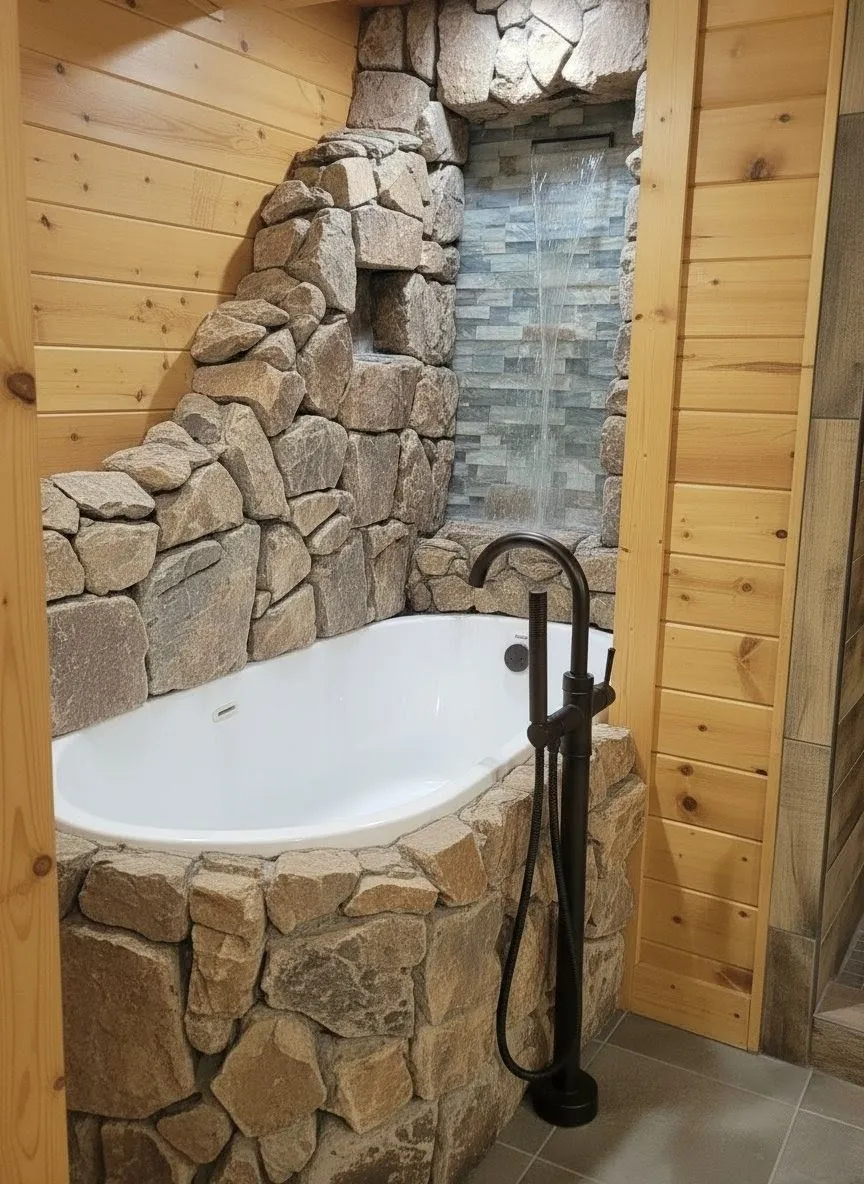 rustic natural-stone tub surround paired with a waterfall-style shower feature in a bathroom remodel
