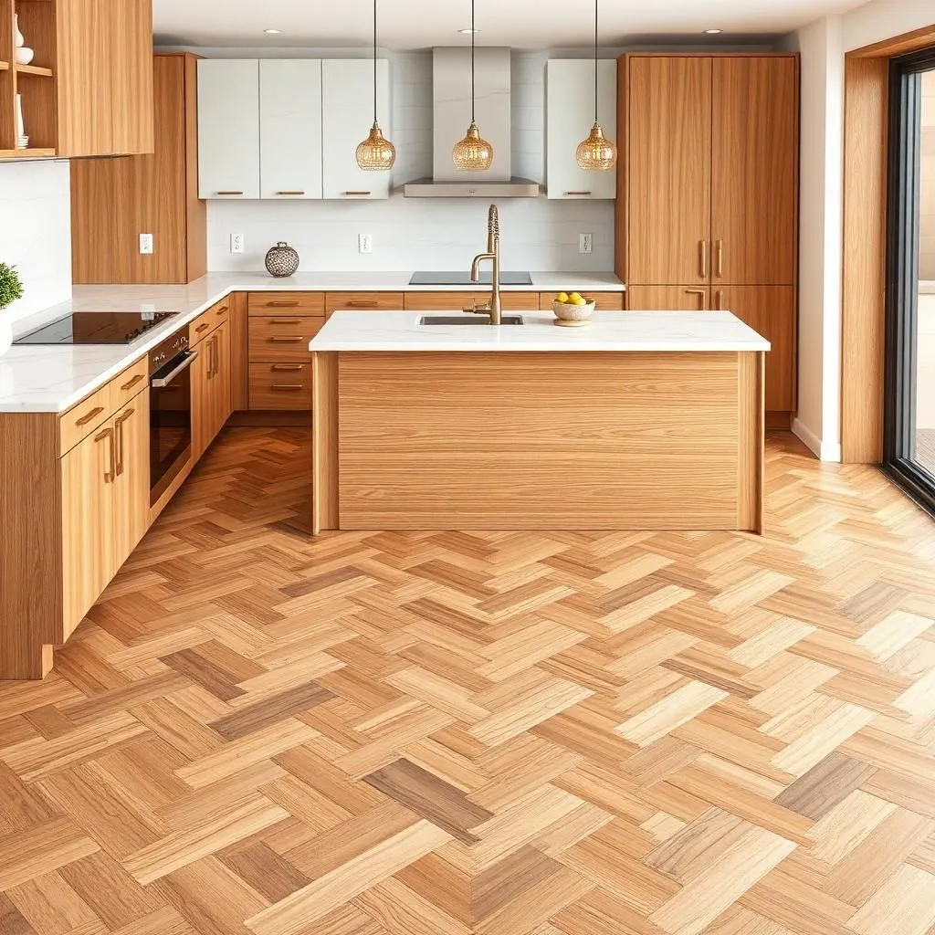 warm herringbone kitchen flooring in a bright kitchen remodel