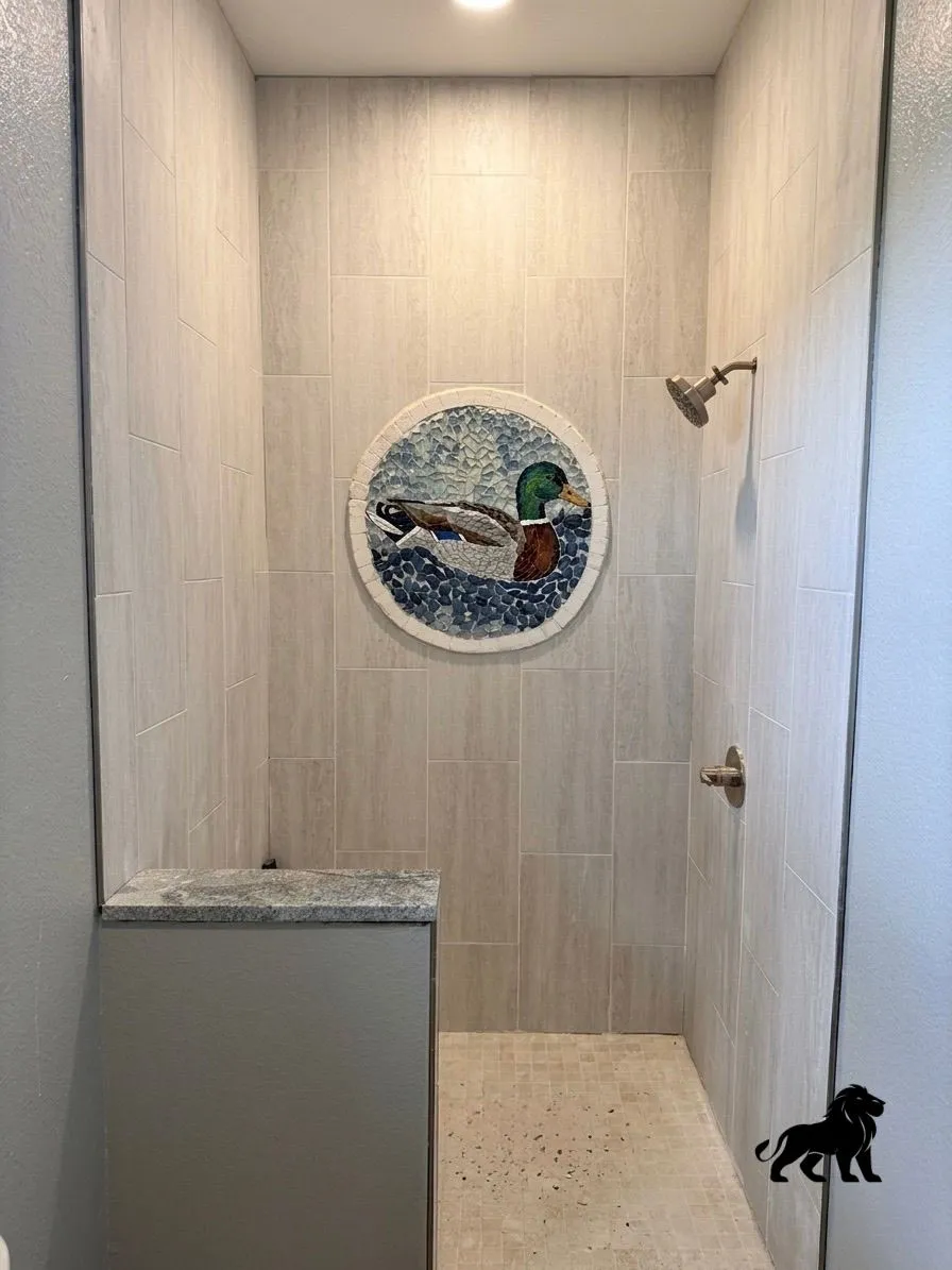 Detail view of the mallard duck shower mosaic medallion